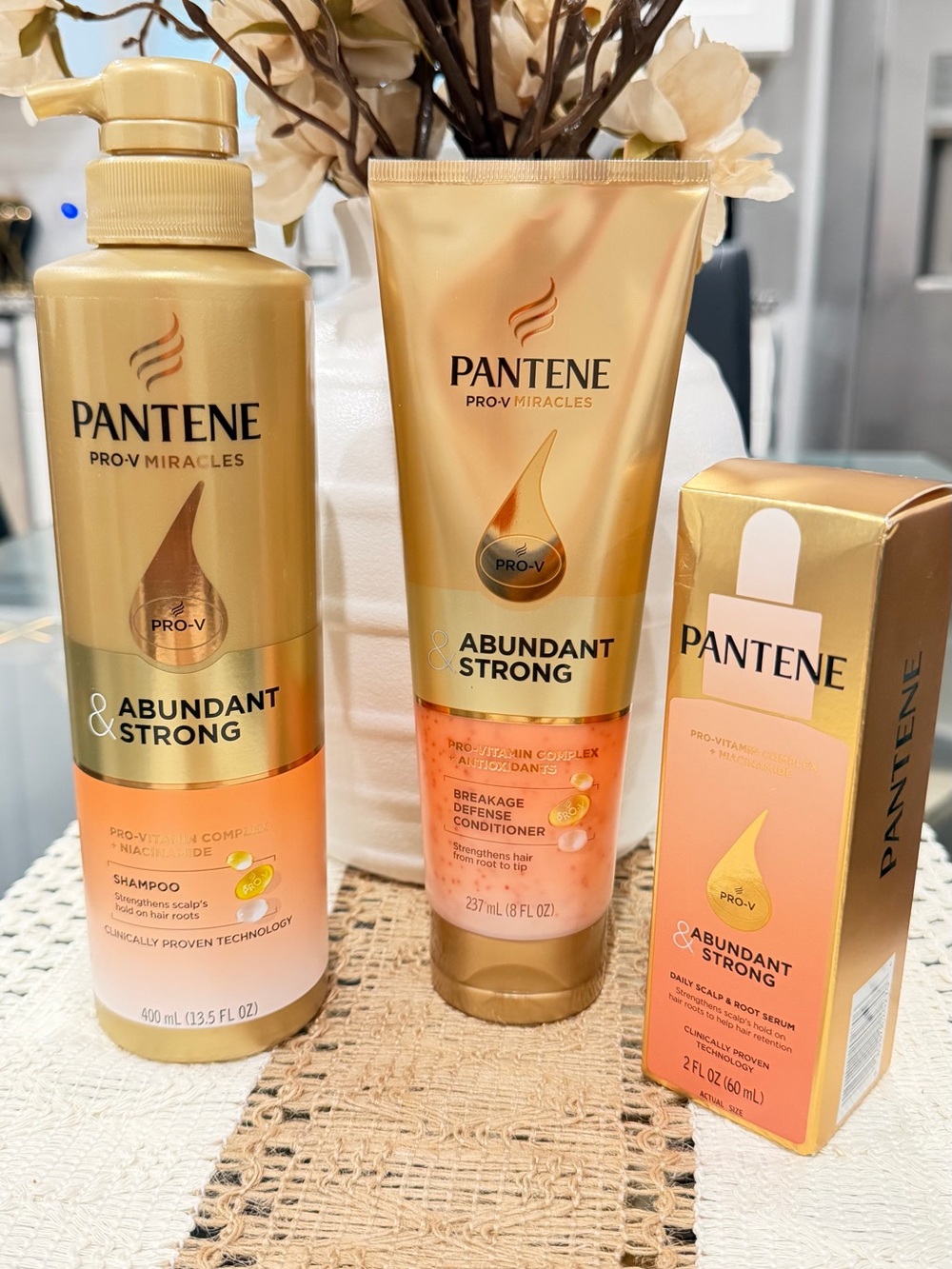 Pantene Abundant & Strong Gold Shampoo, Conditioner & Serum Set - Gold/Peach